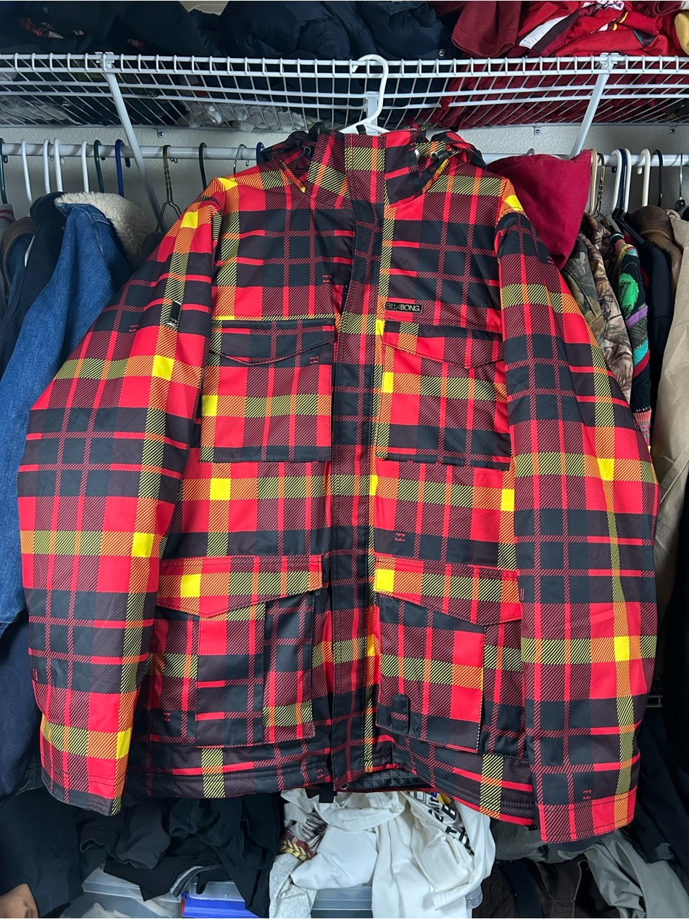 Billabong Red and Black Plaid Puffer Jacket with Yellow Accents